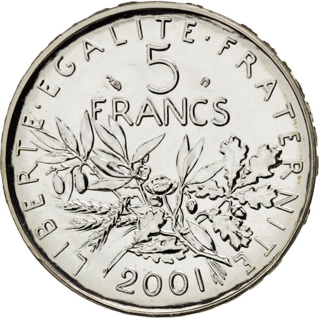 FRANCE, 5 Francs, 2001, Paris, KM #1309, MS(65-70), Silver, 29, Gadoury #771,...