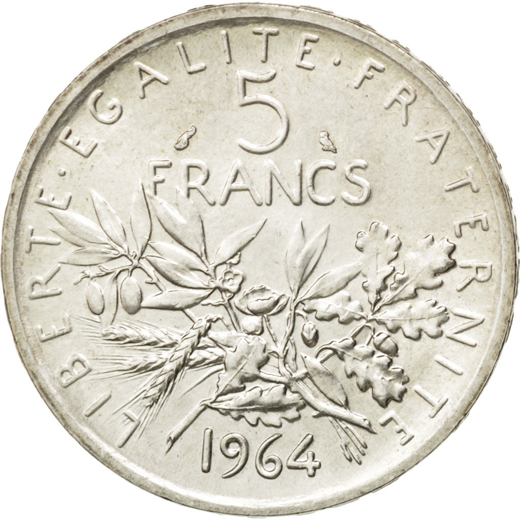 FRANCE, Semeuse, 5 Francs, 1964, KM #926, MS(63), Silver, 19, Gadoury #770,...