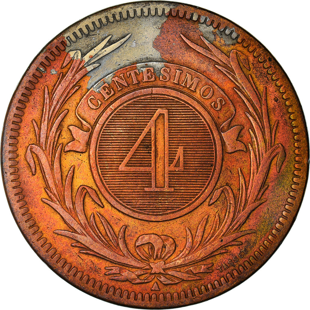 Coin, Uruguay, 4 Centesimos, 1869, Uruguay Mint, Birmingham, VF(30-35), Bronze