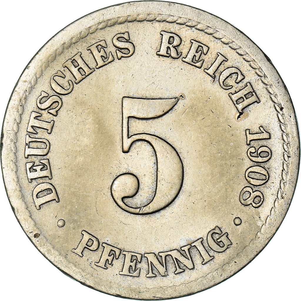 Coin, GERMANY - EMPIRE, Wilhelm II, 5 Pfennig, 1908, Stuttgart, EF(40-45)