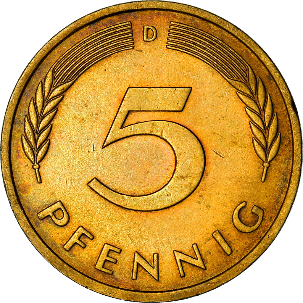 Coin, GERMANY - FEDERAL REPUBLIC, 5 Pfennig, 1976, Munich, AU(50-53), Brass Clad