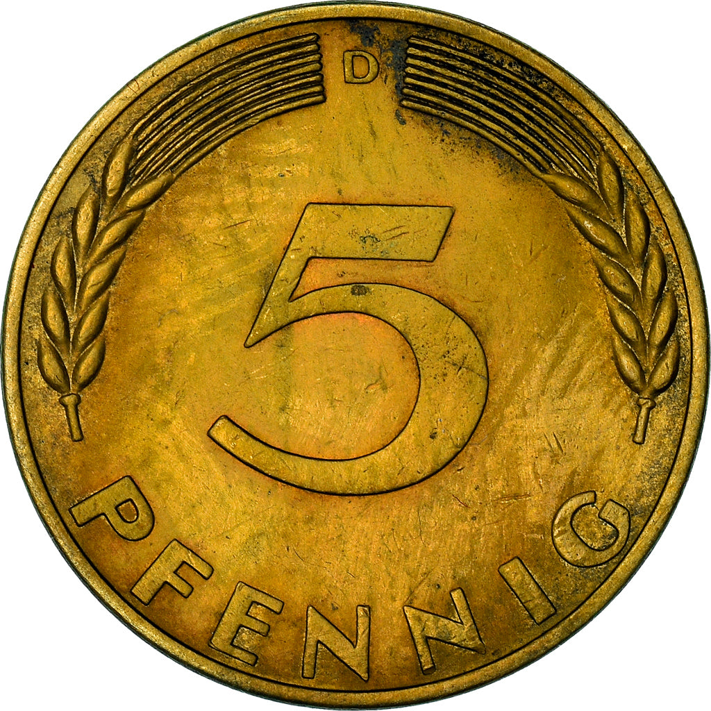 Coin, GERMANY - FEDERAL REPUBLIC, 5 Pfennig, 1969, Munich, AU(50-53), Brass Clad