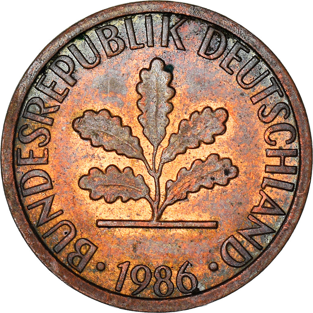 Coin, GERMANY - FEDERAL REPUBLIC, Pfennig, 1986, Stuttgart, EF(40-45), Copper
