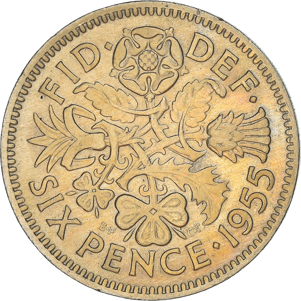 Coin, Great Britain, Elizabeth II, 6 Pence, 1955, EF(40-45), Copper-nickel