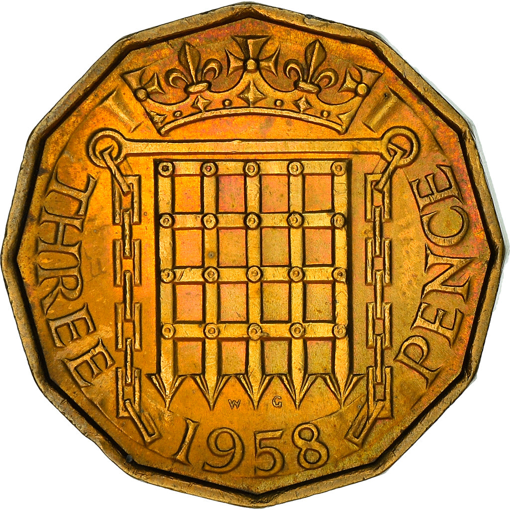 Coin, Great Britain, Elizabeth II, 3 Pence, 1958, AU(50-53), Nickel-brass