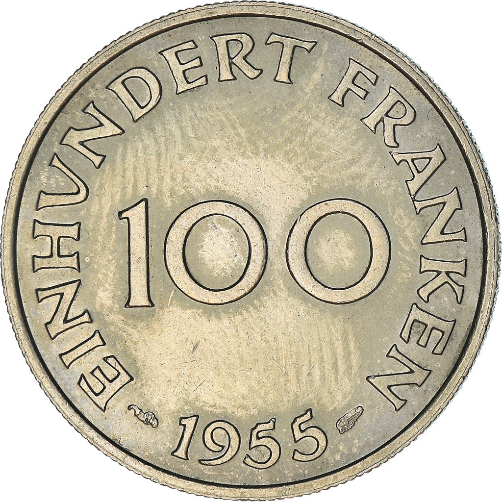 Coin, SAARLAND, 100 Franken, 1955, Paris, AU(55-58), Copper-nickel, KM:4