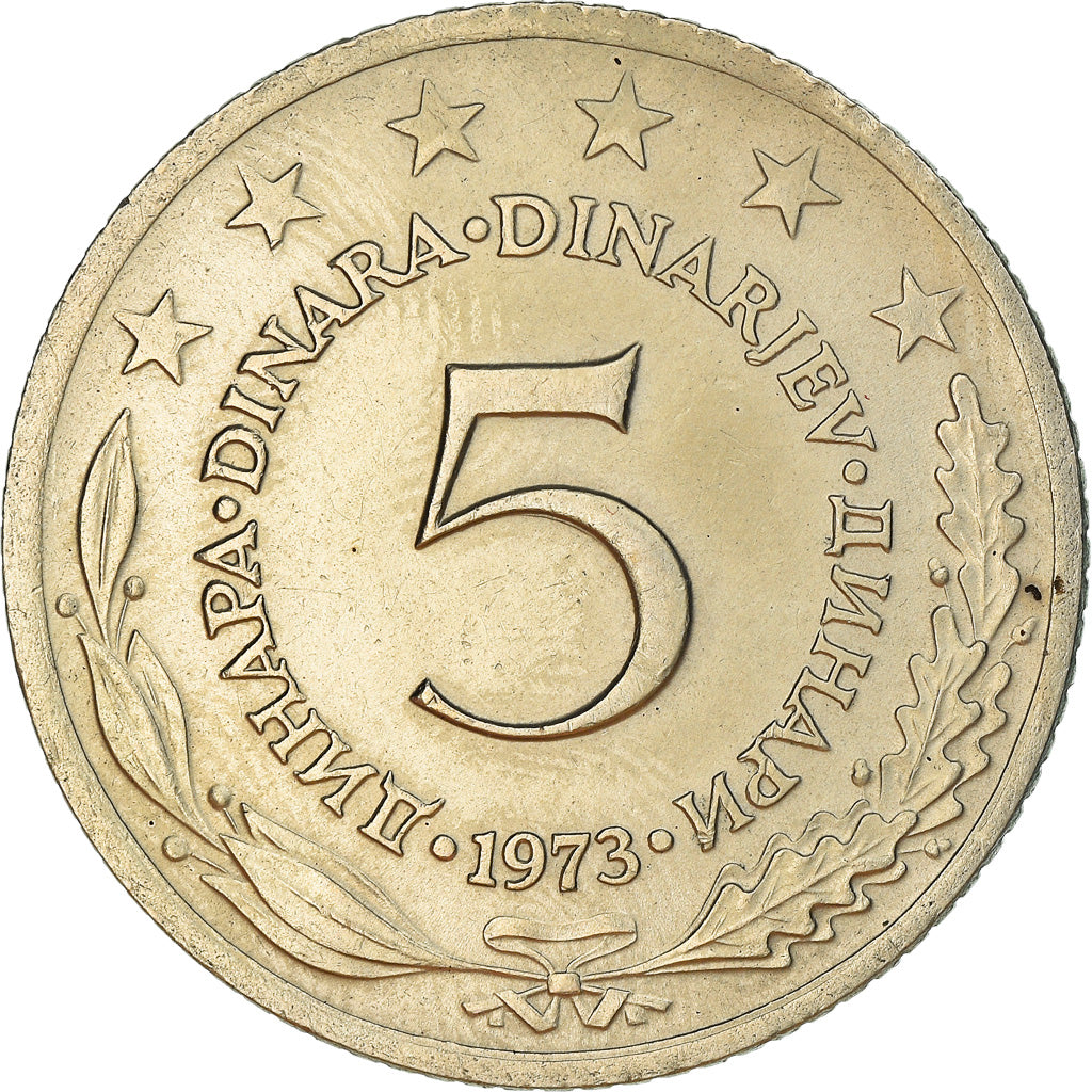 Coin, Yugoslavia, 5 Dinara, 1973, AU(50-53), Copper-Nickel-Zinc, KM:58