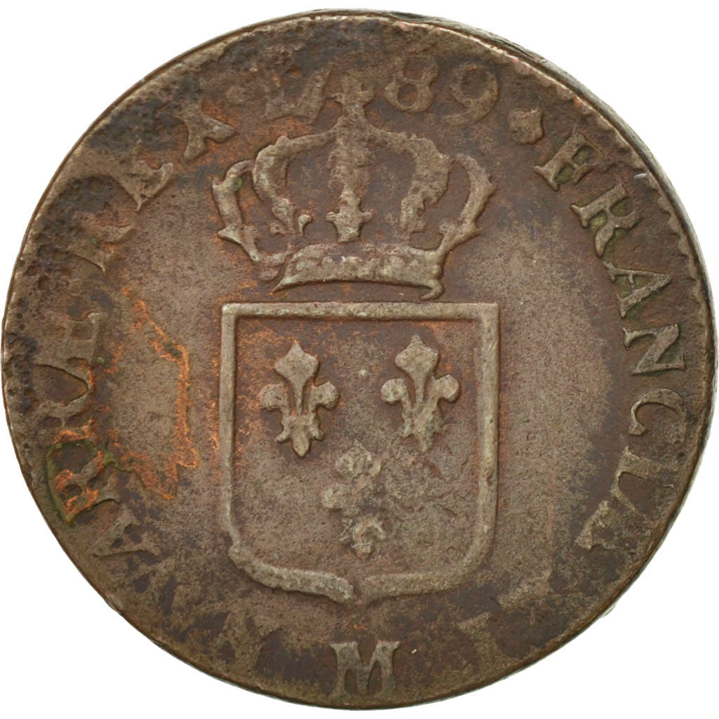 FRANCE, Sol ou sou, Sol, 1789, Toulouse, KM #578.10, VF(20-25), Copper, Gadoury.