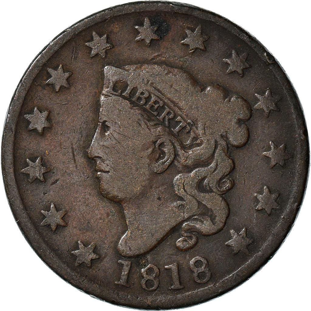 Coin, United States, Coronet Cent, Cent, 1818, U.S. Mint, Philadelphia
