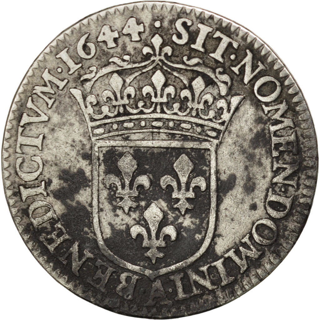 FRANCE, 1/12 Écu à la mèche courte, 1/12 ECU, 10 Sols, 1644, Paris, KM #140.1, V