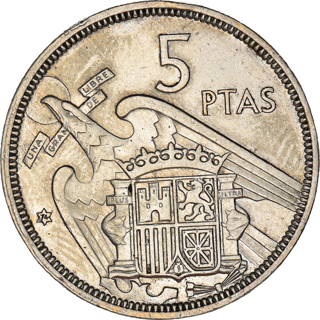 Coin, Spain, Caudillo and regent, 5 Pesetas, 1974, AU(50-53), Copper-nickel