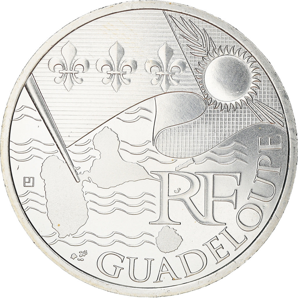 France, 10 Euro, Guadeloupe, 2010, MS(63), Silver