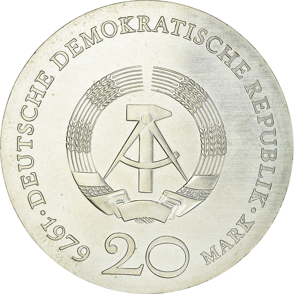 Coin, GDR, 250th Birth of G. E. Lessing, 20 Mark, 1979, MS(63), Silver, KM:74