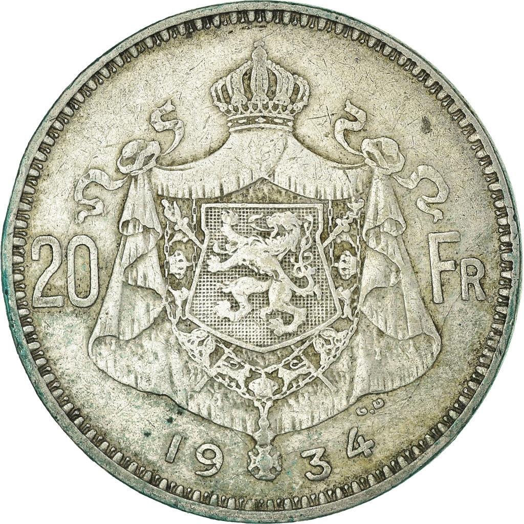 Coin, Belgium, 20 Francs, 20 Frank, 1934, EF(40-45), Silver, KM:103.1