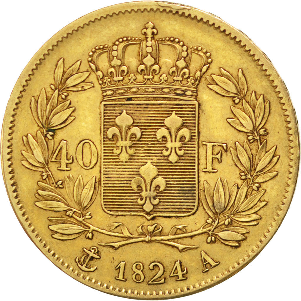 FRANCE, Louis XVIII, 40 Francs, 1824, Paris, KM #713.1, EF(40-45), Gold,...