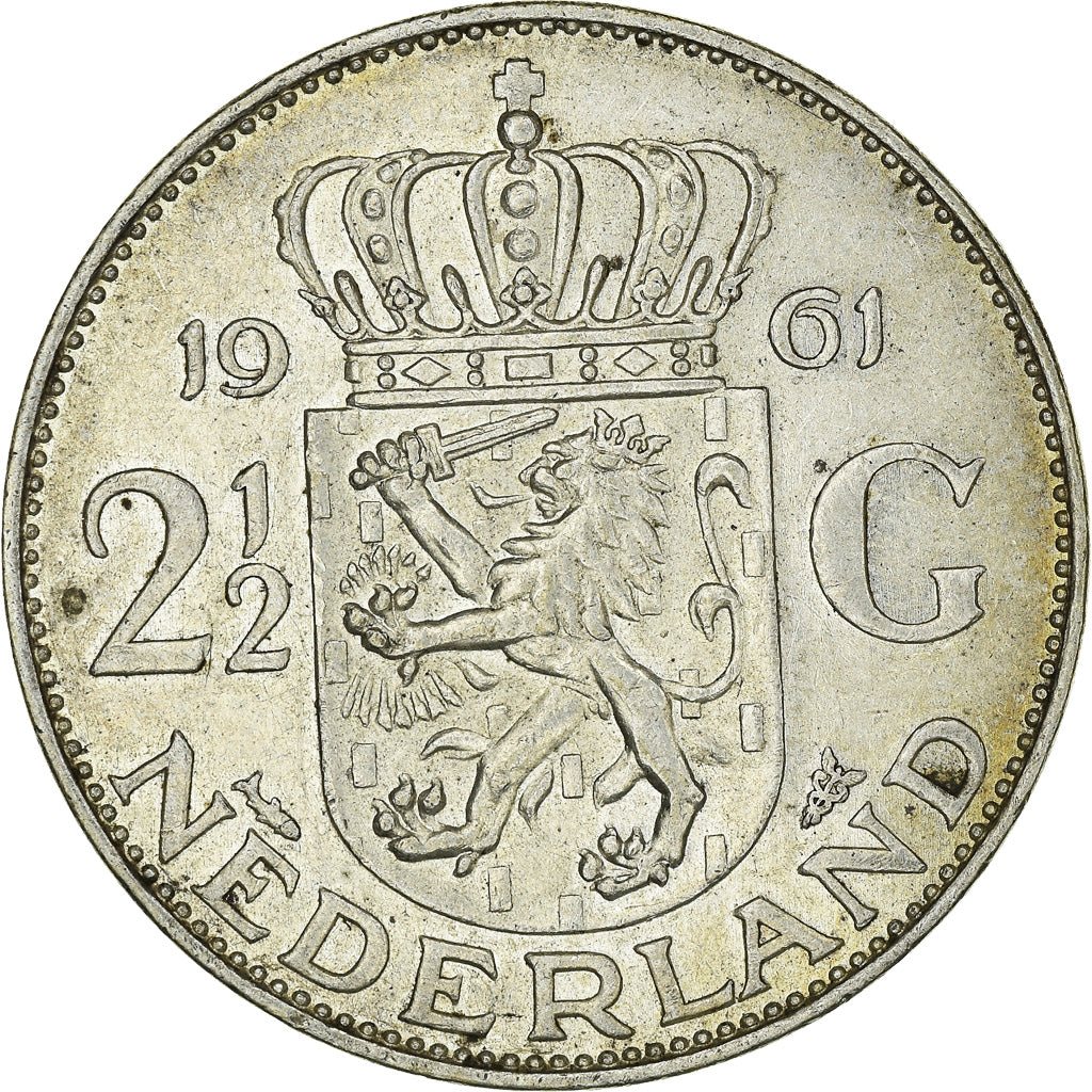 Coin, Netherlands, Juliana, 2-1/2 Gulden, 1961, AU(50-53), Silver, KM:185