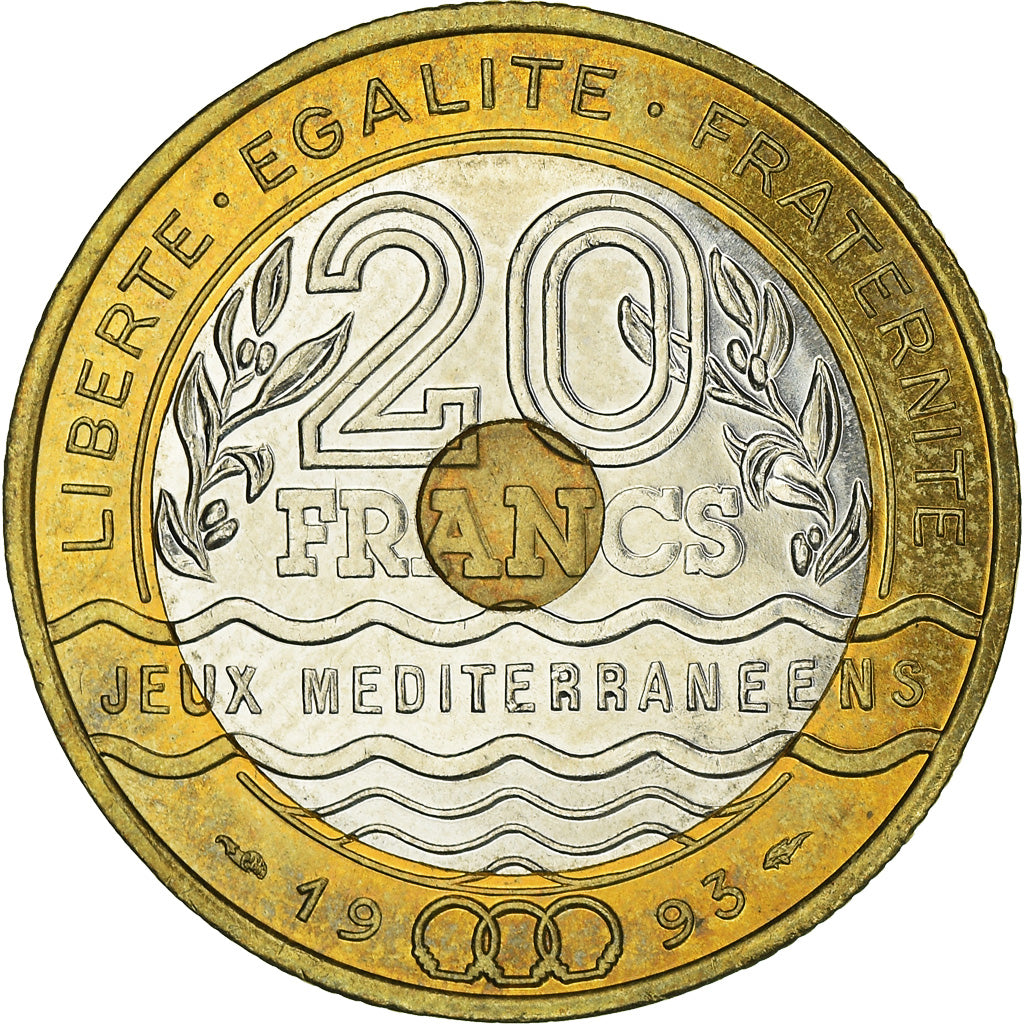 Coin, France, Jeux Méditerranéens, 20 Francs, 1993, AU(55-58), Tri-Metallic