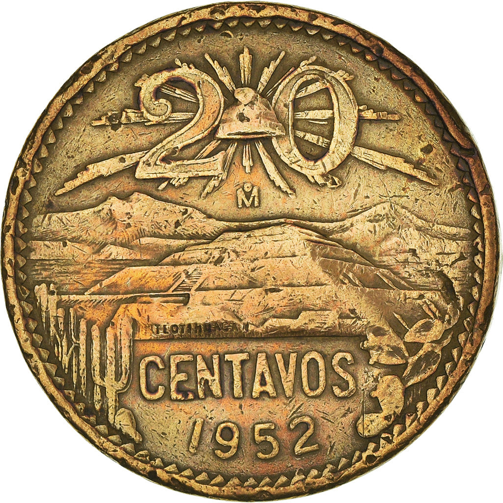 Coin, Mexico, 20 Centavos, 1952, Mexico City, VF(30-35), Bronze, KM:439