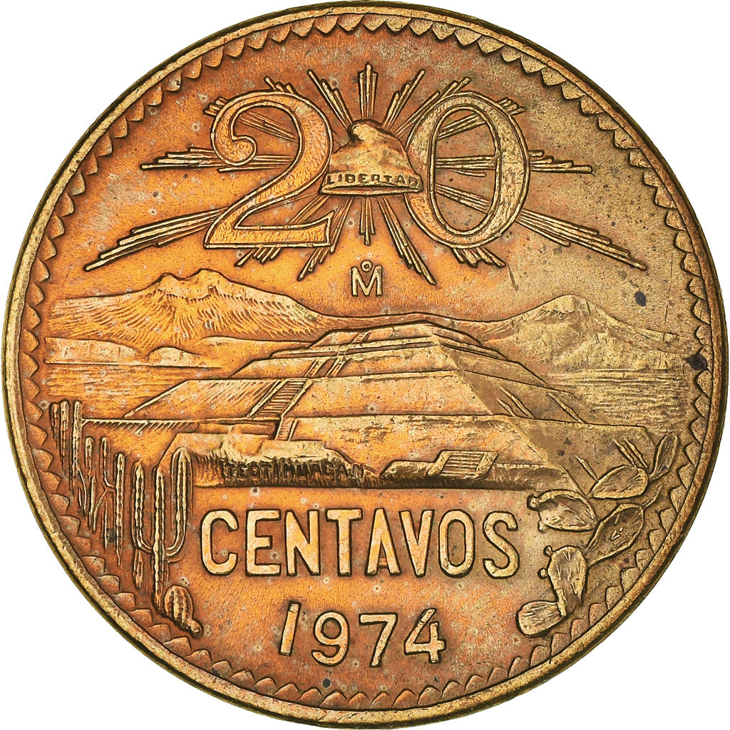 Moneda, México, 20 Centavos, 1974, Mexico City, SC, Bronce, KM:441