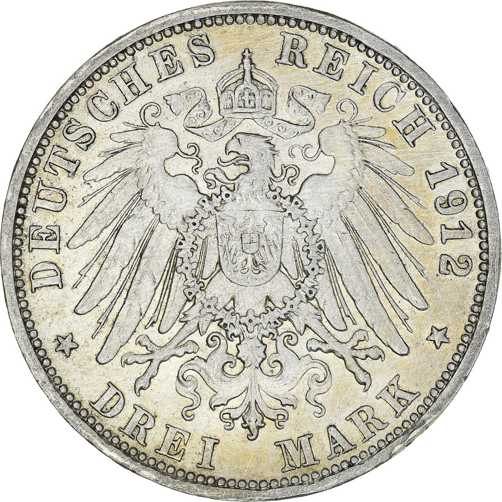 Coin, German States, WURTTEMBERG, Wilhelm II, 3 Mark, 1912, Freudenstadt