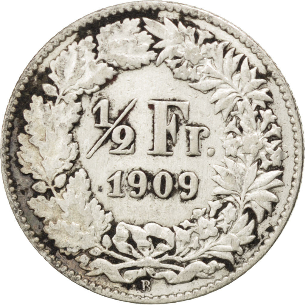 SWITZERLAND, 1/2 Franc, 1909, Bern, KM #23, VF(30-35), Silver, 18.2, 2.49