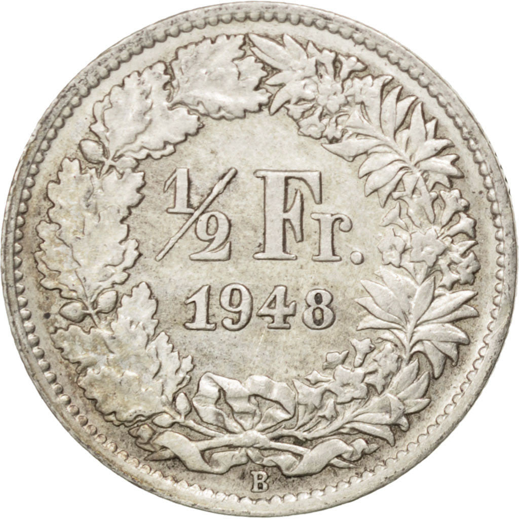 SWITZERLAND, 1/2 Franc, 1948, Bern, KM #23, AU(50-53), Silver, 18.2, 2.54
