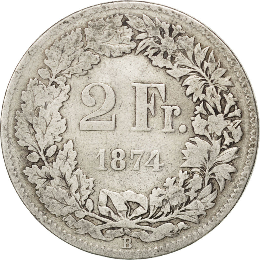SWITZERLAND, 2 Francs, 1874, Bern, KM #21, VF(20-25), Silver, 27.4, 9.64