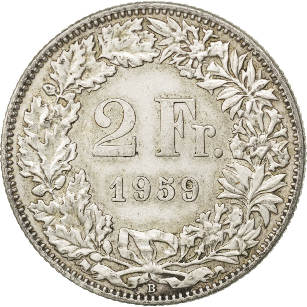 SWITZERLAND, 2 Francs, 1959, Bern, KM #21, AU(55-58), Silver, 27.4, 10.02