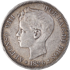 Moneda, España, Alfonso XIII, 5 Pesetas, 1896, BC+, Plata, KM:707