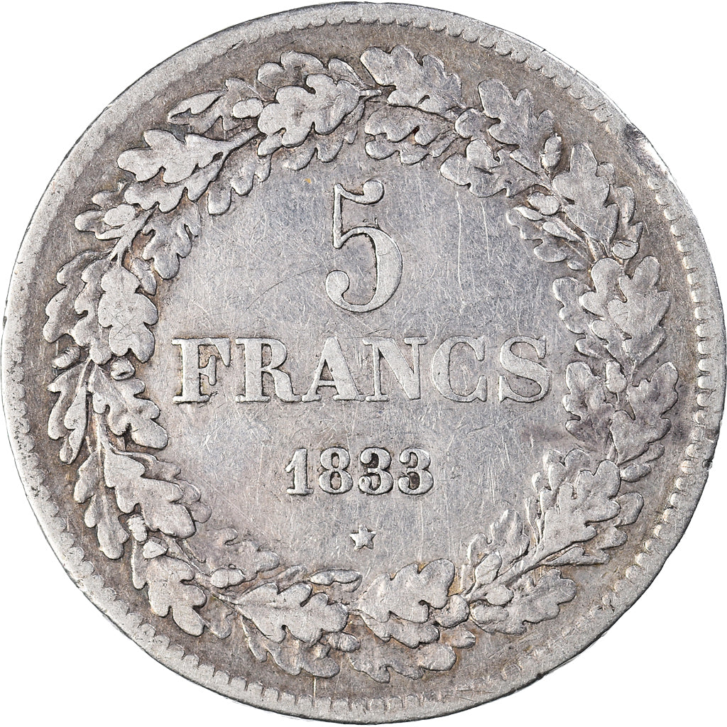 Coin, Belgium, Leopold I, 5 Francs, 5 Frank, 1833, VF(30-35), Silver, KM:3.1