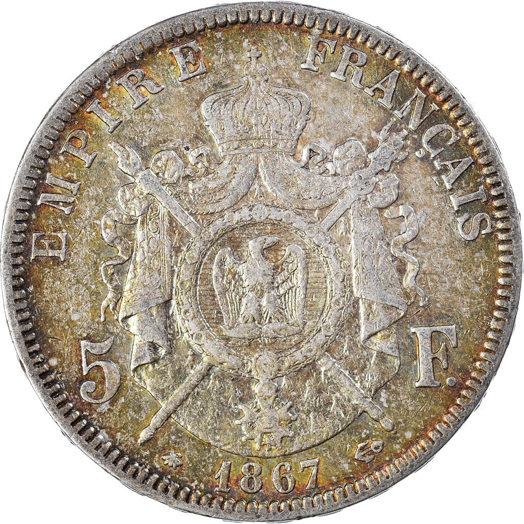 Moneda, Francia, Napoleon III, Napoléon III, 5 Francs, 1867, Paris, MBC, Plata