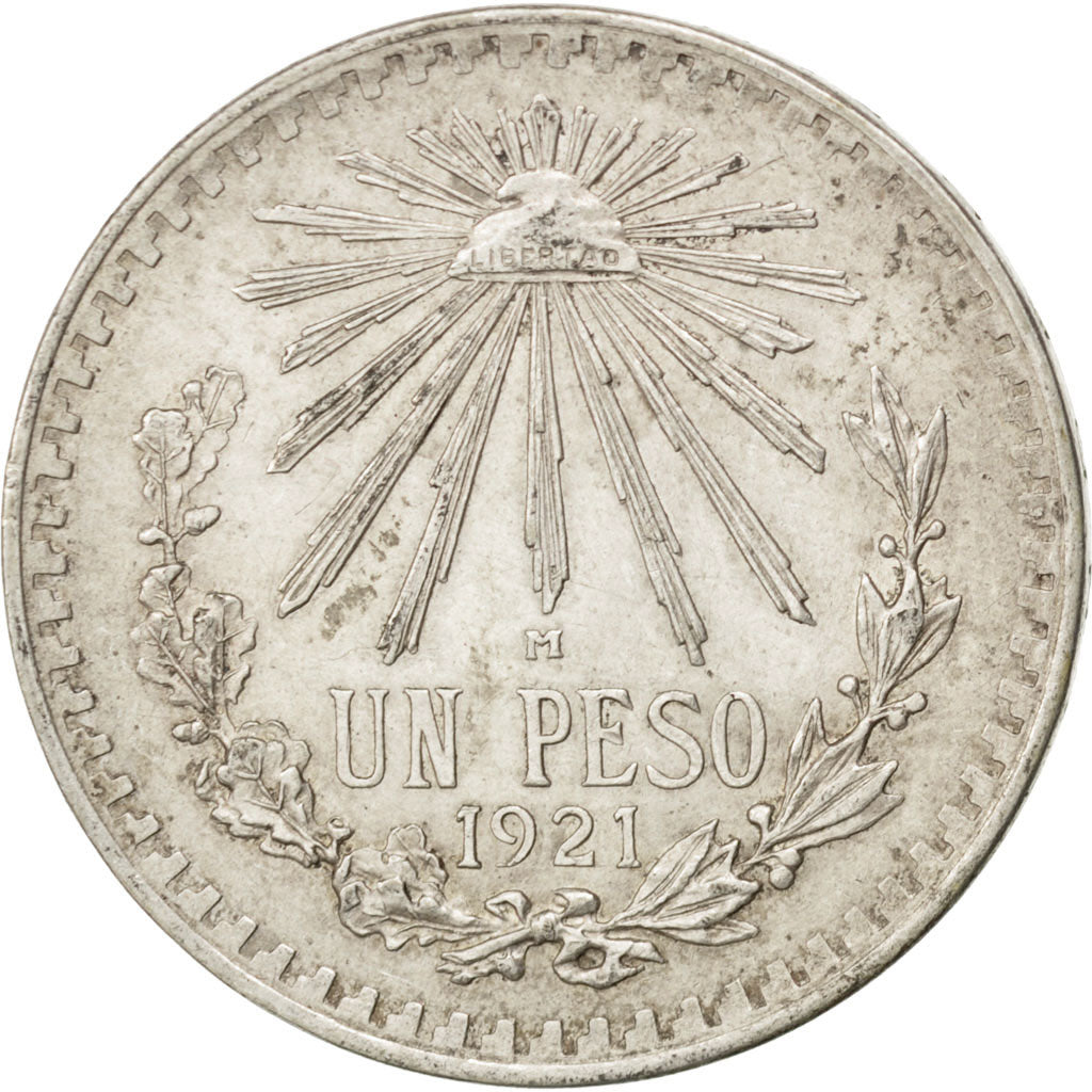 MEXICO, Peso, 1921, Mexico City, KM #455, AU(50-53), Silver, 34, 16.76