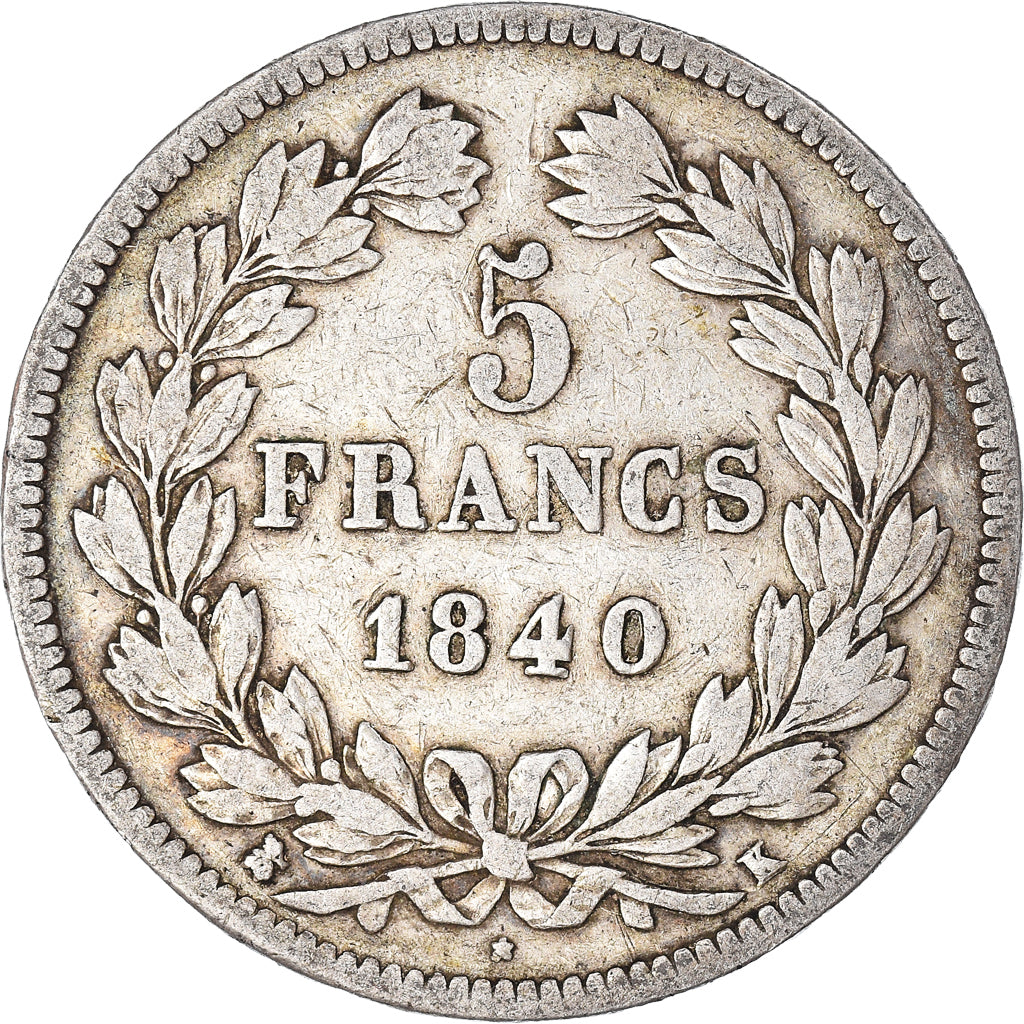 Moneta, Francia, Louis-Philippe, 5 Francs, 1840, Bordeaux, MB, Argento, KM:749.7