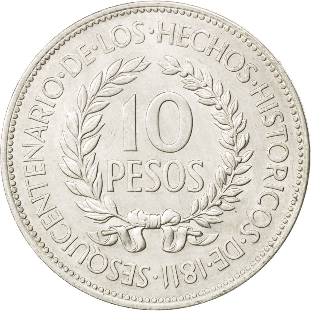 URUGUAY, 10 Pesos, 1961, KM #43, AU(55-58), Silver, 33, 12.54