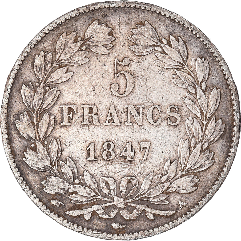 Moneda, Francia, Louis-Philippe, 5 Francs, 1847, Paris, BC+, Plata, KM:749.1