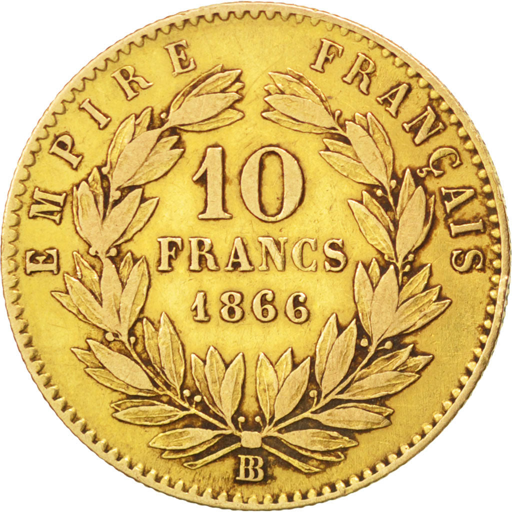 Second Empire, 10 Francs or Napoléon III tête laurée, 1866 grand BB, Strasbourg,