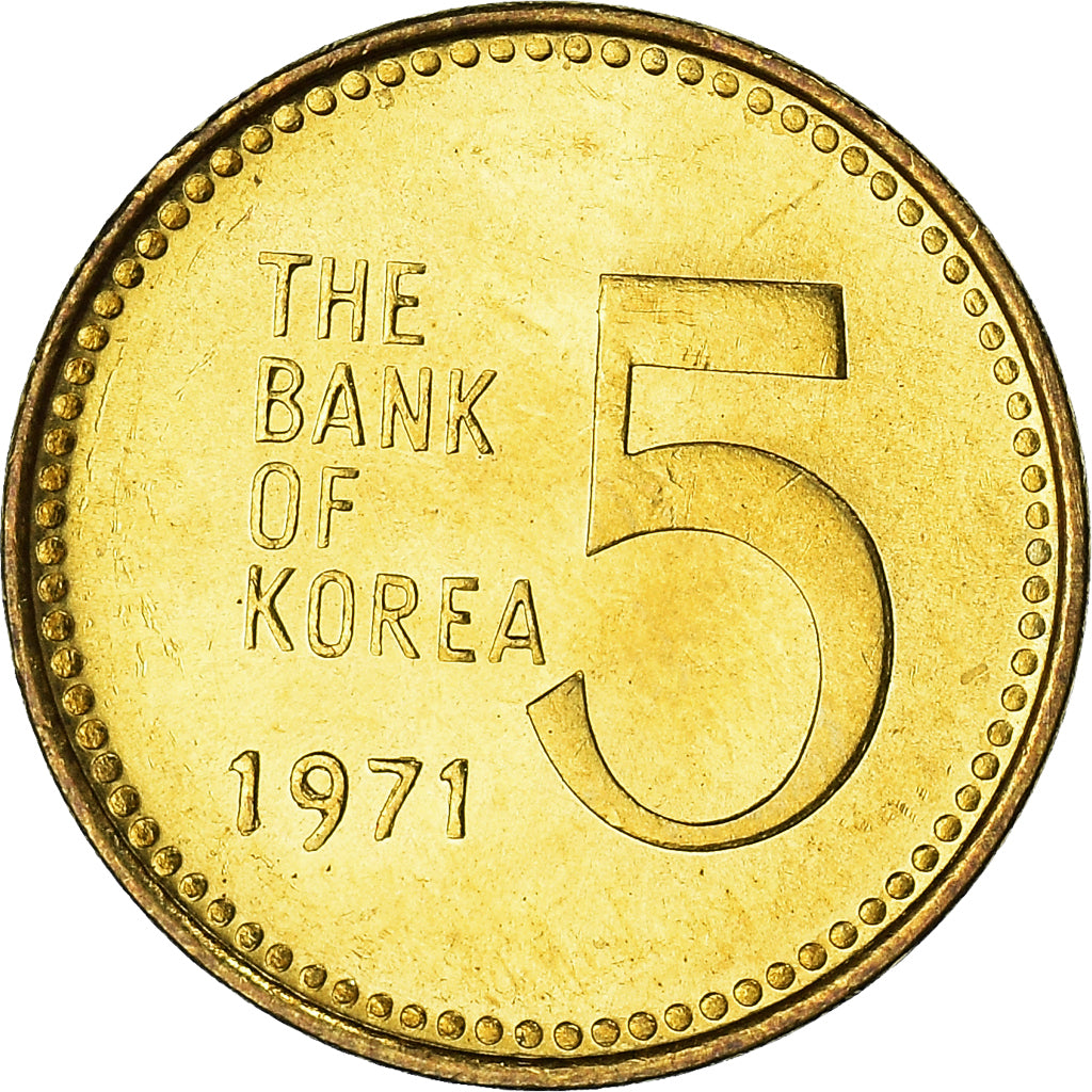 Coin, KOREA-SOUTH, 5 Won, 1971, MS(63), Brass, KM:5a