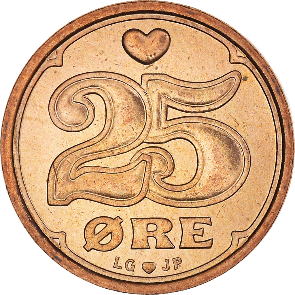 Coin, Denmark, Margrethe II, 25 Öre, 1994, MS(63), Bronze, KM:868.1