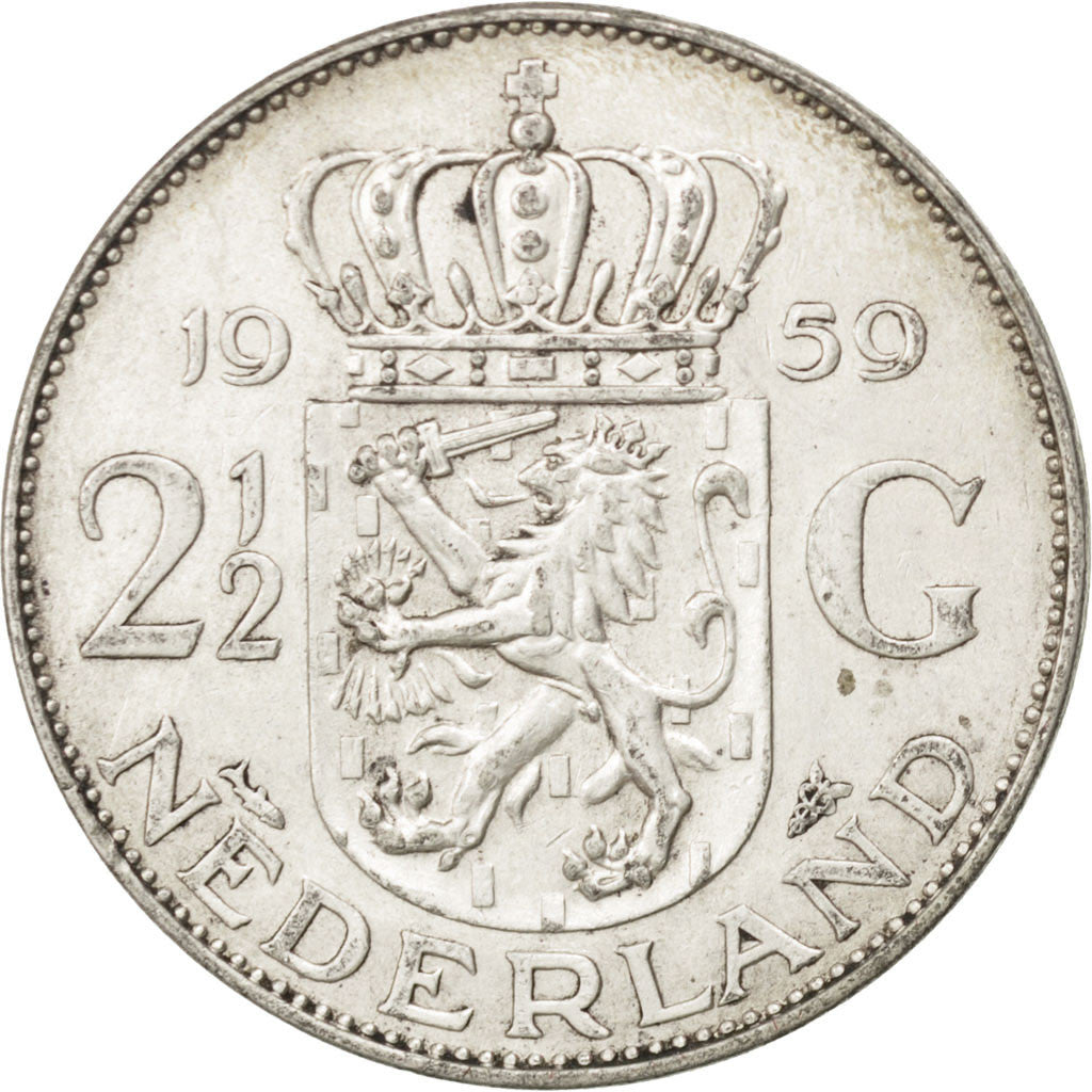Coin, Netherlands, Juliana, 2-1/2 Gulden, 1959, AU(55-58), Silver, KM:185