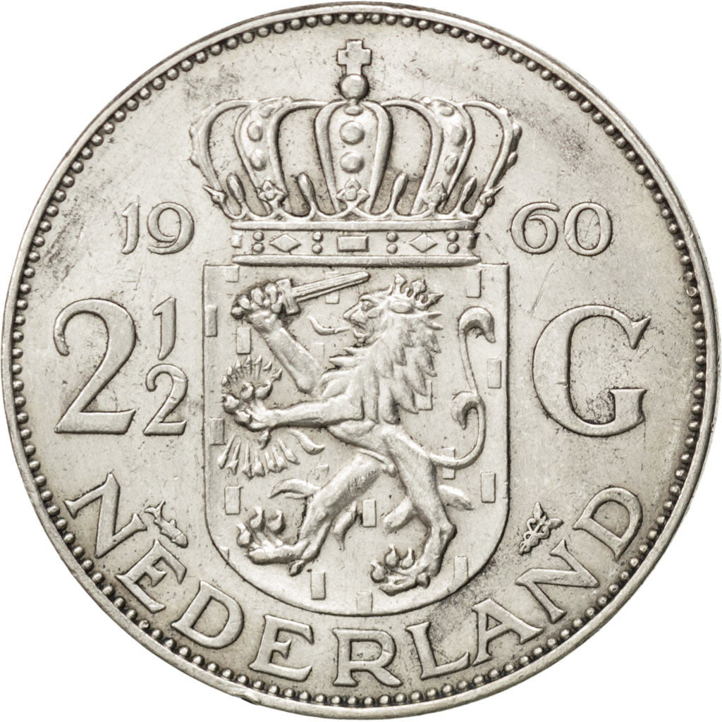 Coin, Netherlands, Juliana, 2-1/2 Gulden, 1960, AU(55-58), Silver, KM:185