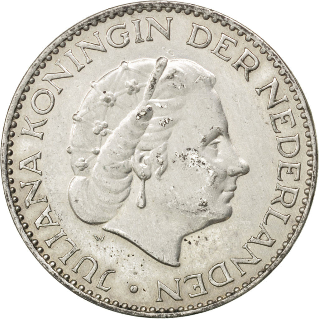NETHERLANDS, Gulden, 1955, KM #184, AU(55-58), Silver, 25, 6.54