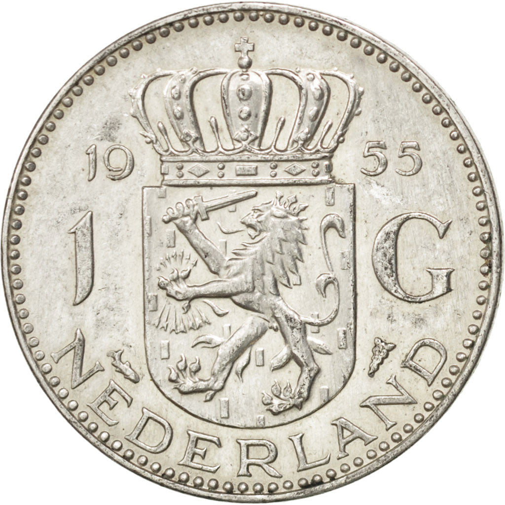 NETHERLANDS, Gulden, 1955, KM #184, AU(55-58), Silver, 25, 6.54