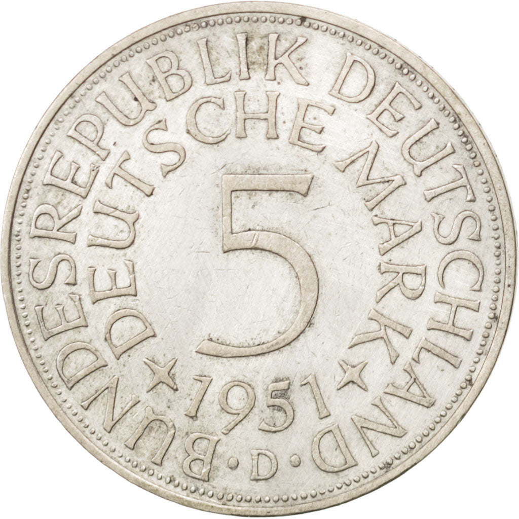 GERMANY - FEDERAL REPUBLIC, 5 Mark, 1951, Munich, KM #112.1, AU(50-53), Silver,.