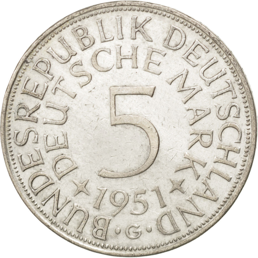 GERMANIA - REPUBBLICA FEDERALE, 5 Mark, 1951, Karlsruhe, BB+, Argento, KM:112.1