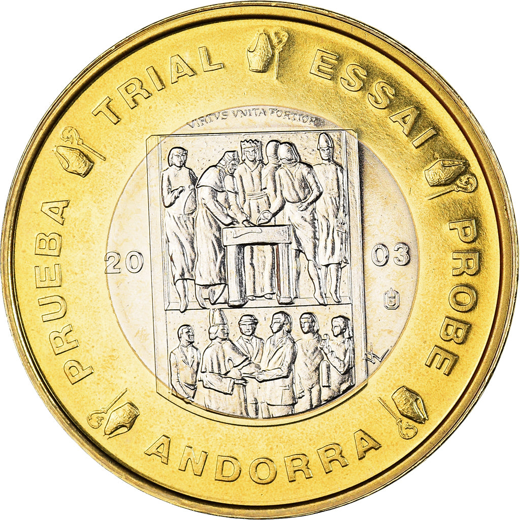 Andorra, medaglia, 1 E, Essai-Trial, 2003, FDC, Bi-metallico