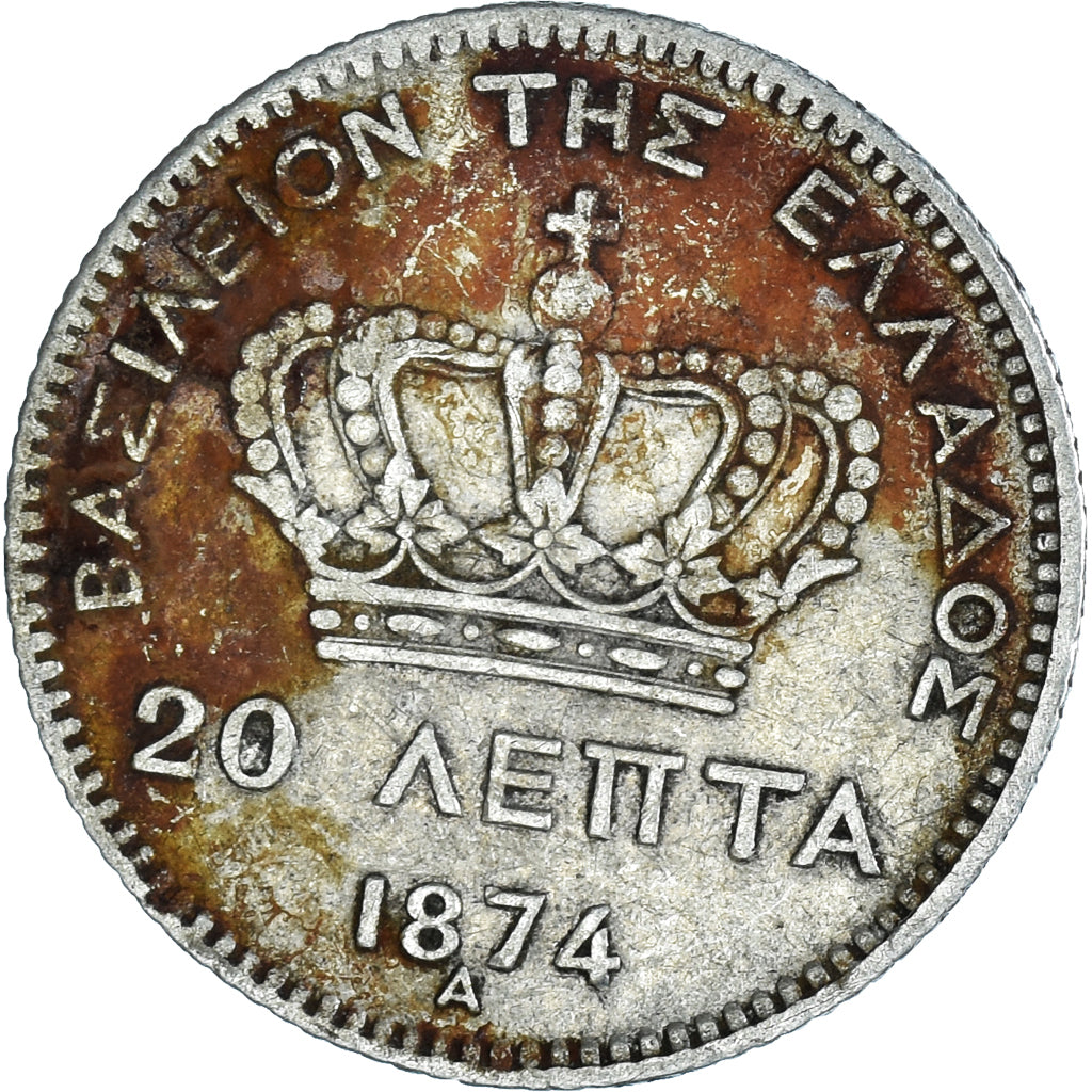 Coin, Greece, George I, 20 Lepta, 1874, Paris, EF(40-45), Silver, KM:44