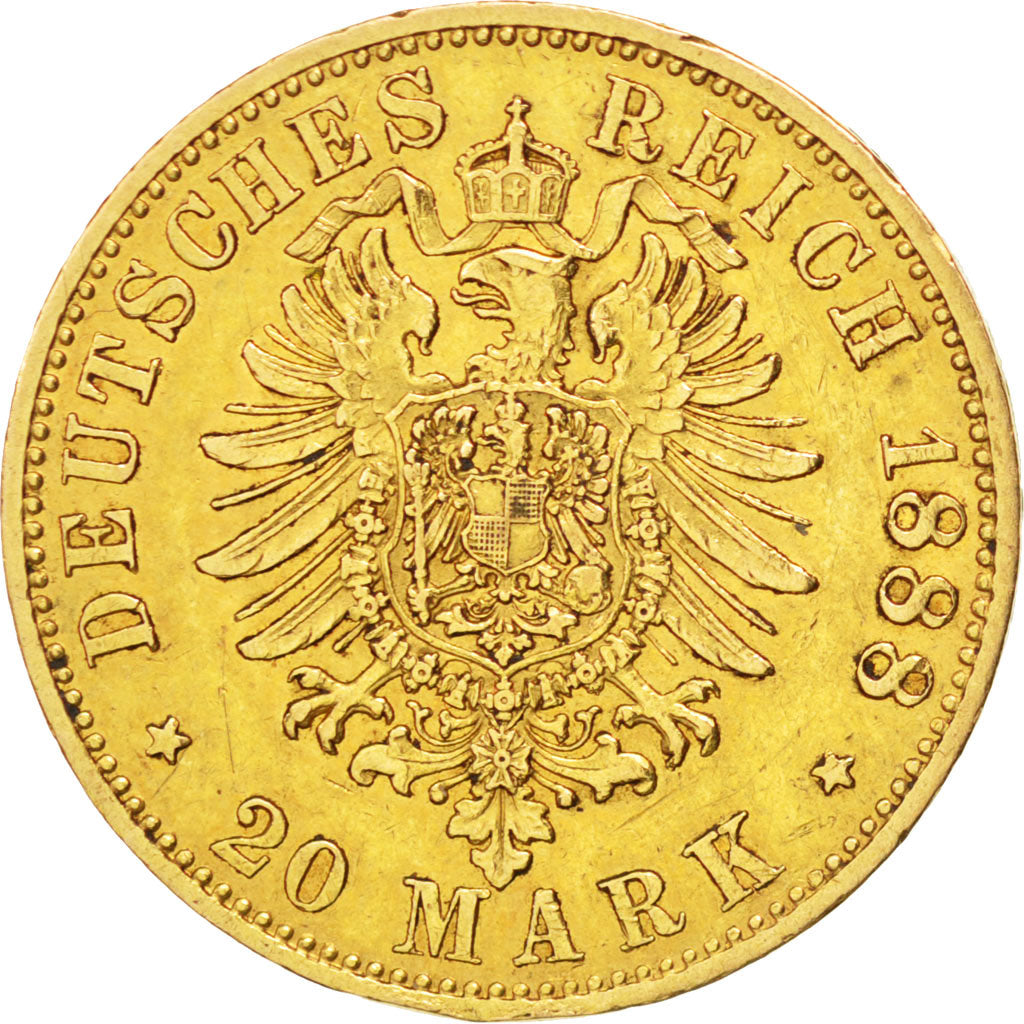 German States, 20 Mark, 1888, Berlin, KM #515, AU(50-53), Gold, 7.96
