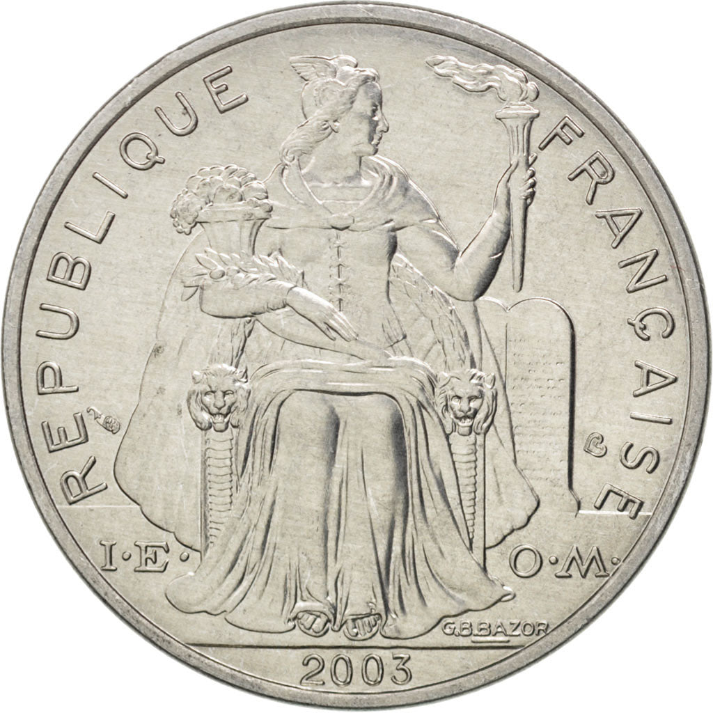 FRENCH POLYNESIA, 5 Francs, 2003, Paris, KM #12, MS(63), Aluminum, 31, Lecompte.