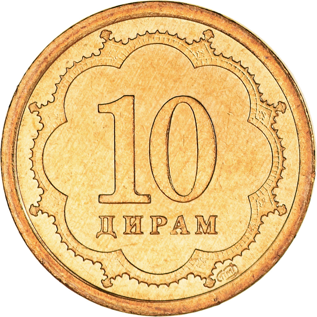 Munten, Tajikistan, 10 Drams, 2001, St. Petersburg, UNC, Brass Clad Steel