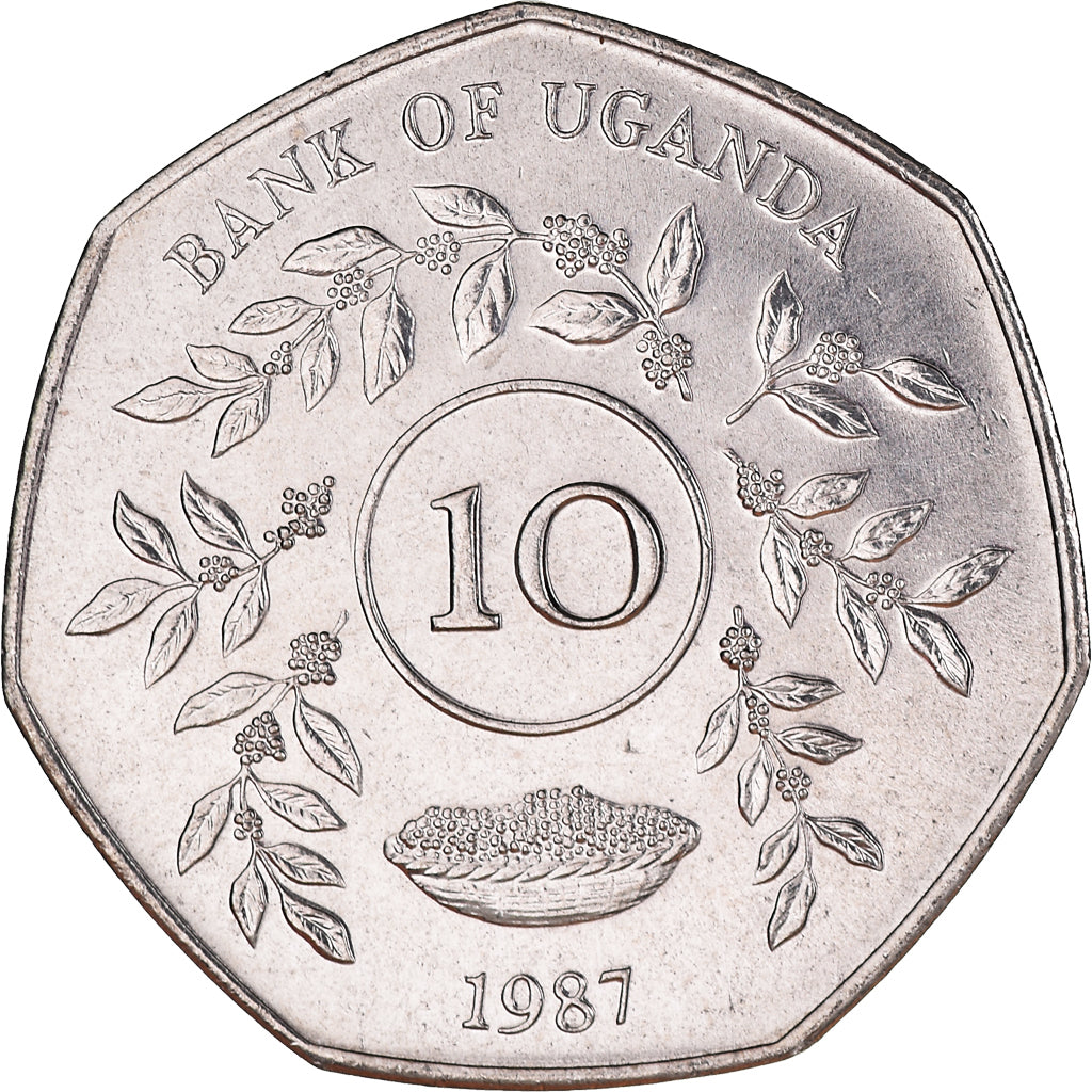 Monnaie, Ouganda, 10 Shillings, 1987, SPL+, Nickel plaqué acier, KM:30